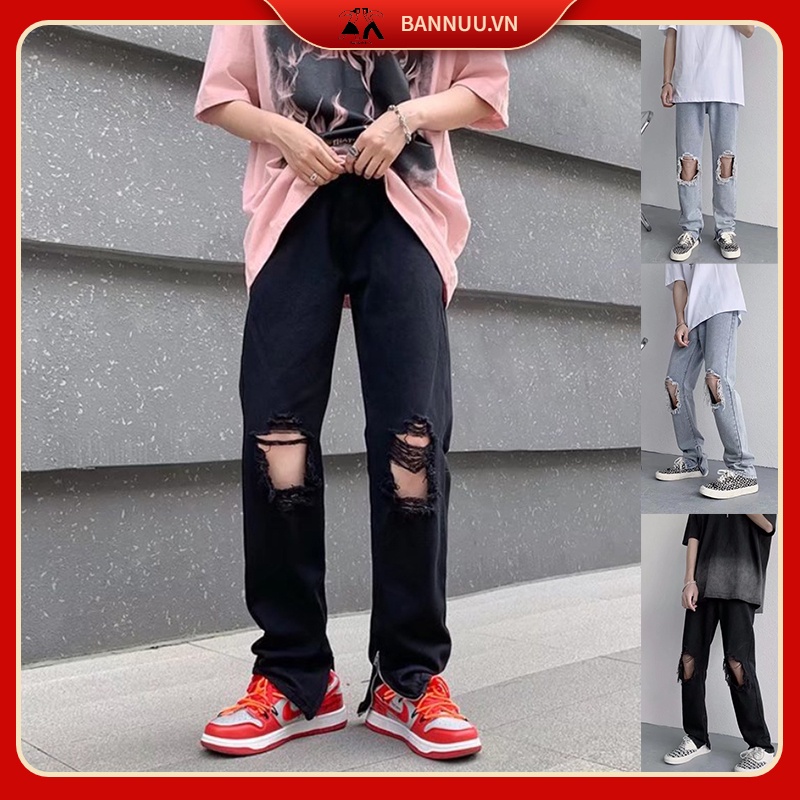 Quần Jean Trơn quần jean ống suông Màu Dáng Suông Đơn Giản quần jean nam rách gối Thời Trang quần jean nam slimfit Hàn Quốc quần ống suông