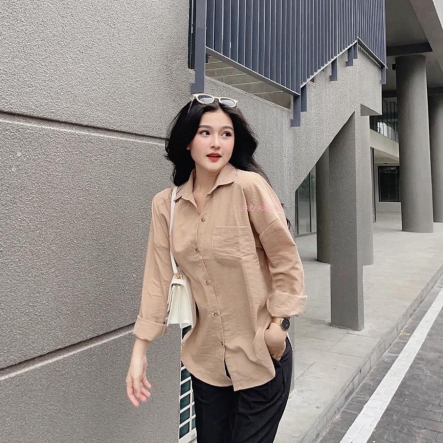 áo sơ mi nữ dài tay vạt tôm chất đũi nhiều màu đen, vàng, xanh ngọc, hồng, be Freesize đũi xước Hàn Quốc Mềm - Min - Mát