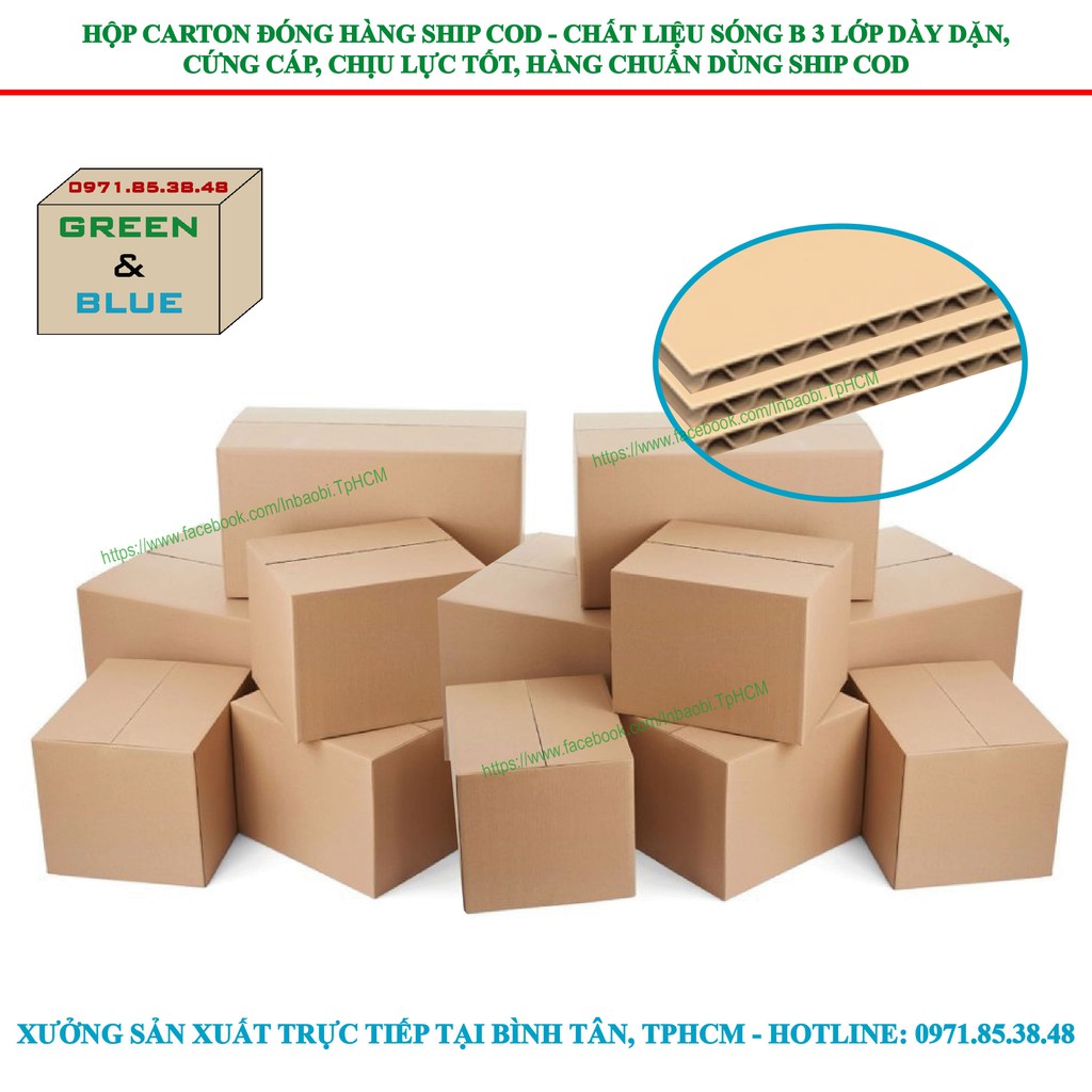 100 Hộp 8x8x28 cm, Hộp Carton 3 lớp đóng hàng chuẩn Ship COD (Green &amp; Blue Box, Thùng giấy - Hộp giấy giá rẻ)
