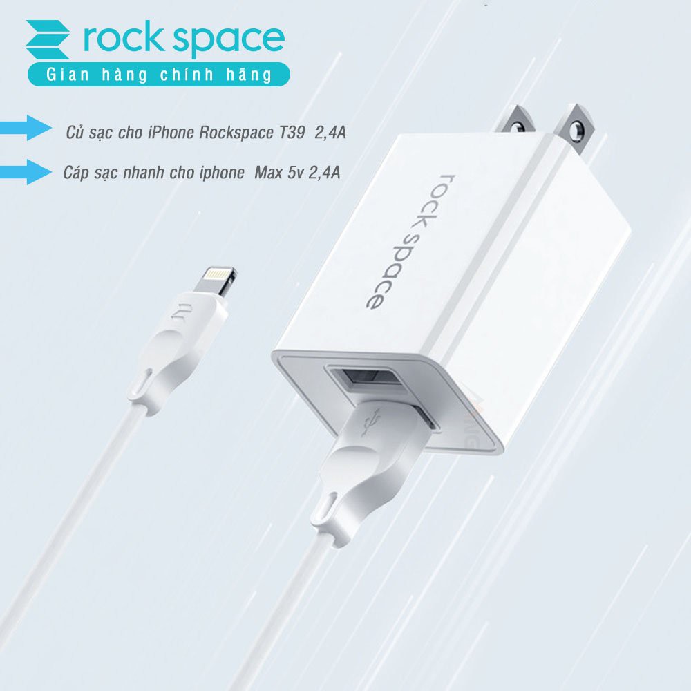 Bộ sạc nhanh iphone Rockspace T39 2 cổng 2,4A + Cáp sạc nhanh iphone, màu trắng, hàng chính hãng, Bảo Hành 1 năm