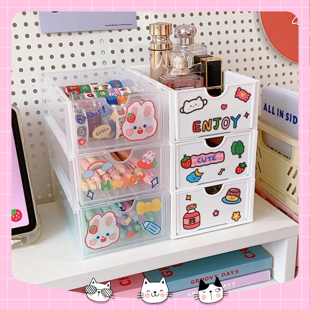 Kệ ngăn kéo nhỏ để bàn trong suốt bằng nhựa đựng mỹ phẩm, bút viết, washi tape .. tặng kèm sticker