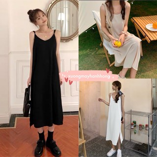 Váy 2 dây đũi hàn xẻ tà, đầm 2 dây trơn dáng dài đi biển