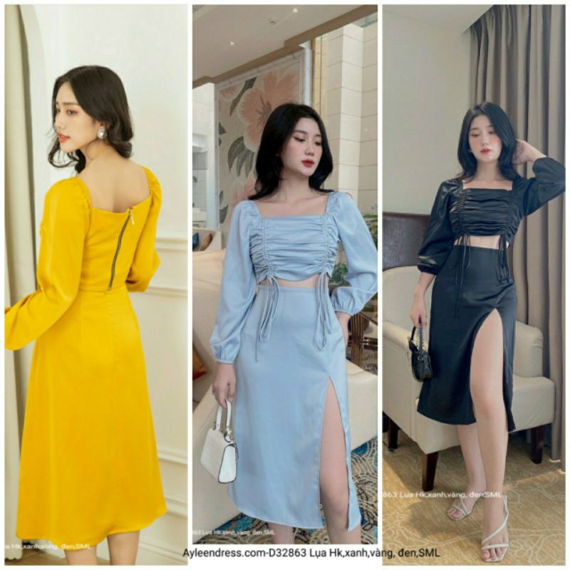 Set áo dây rút chân váy xẻ tà