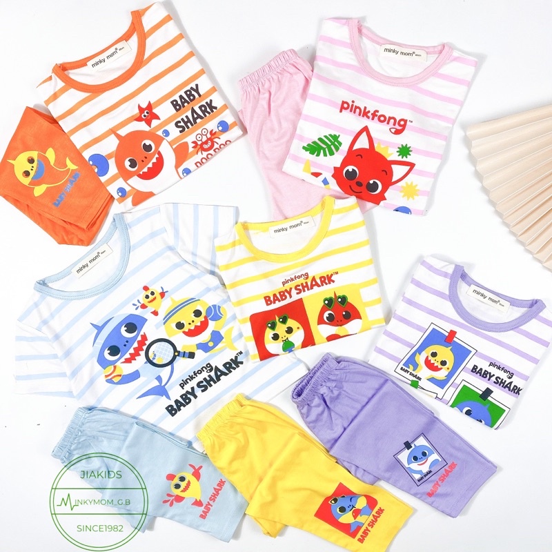 TNIN68 Bộ Tay Ngắn Quần Dài Kẻ Sọc Ngang Baby Shark Thun Minkymom Cho Bé Từ 8-19kg