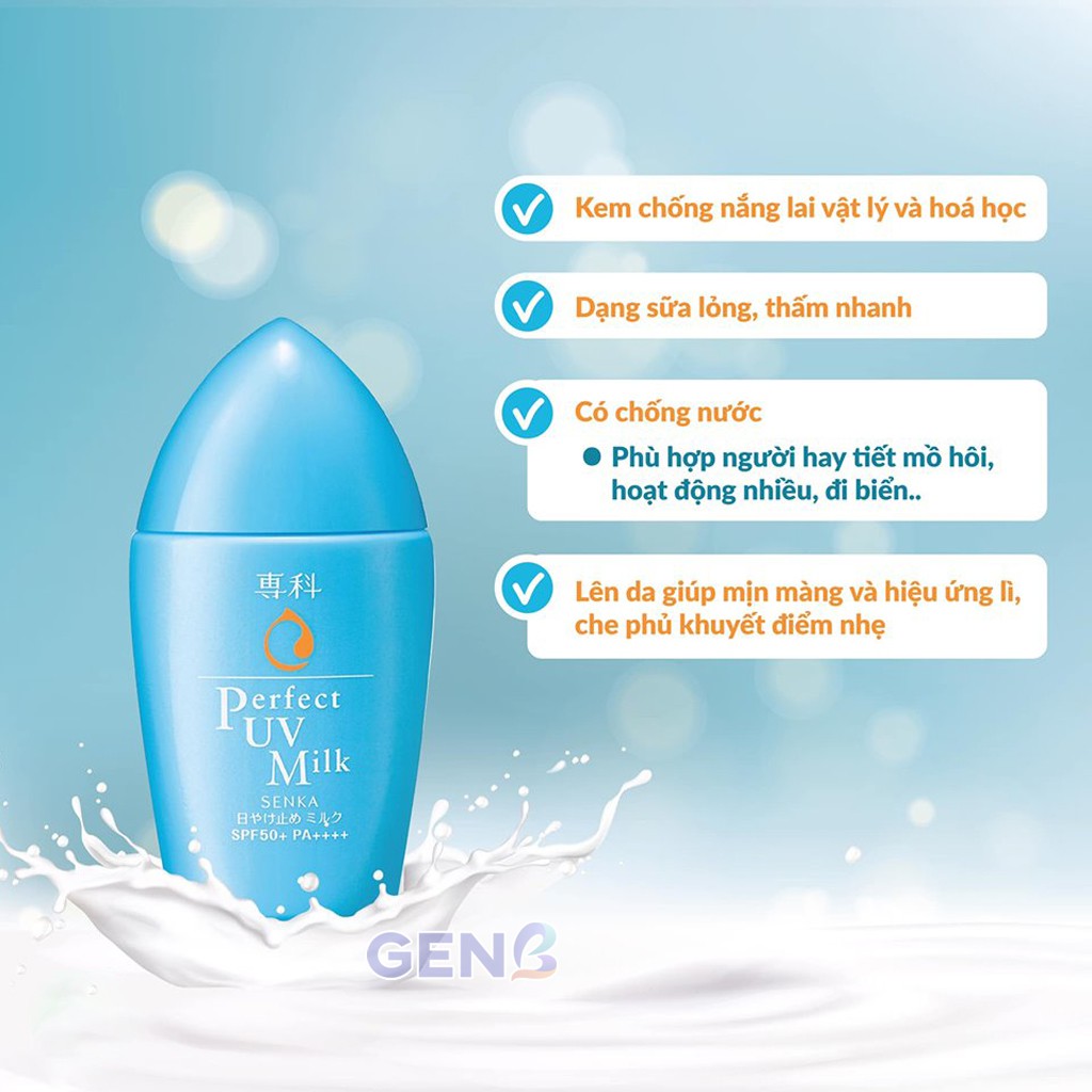 Kem Chống Nắng Senka Perfect UV Milk 40ml, Gel 80g, Essence 50g NHẬT BẢN - Sữa Cho Da Mặt Và Toàn Thân - Mỹ Phẩm GENB