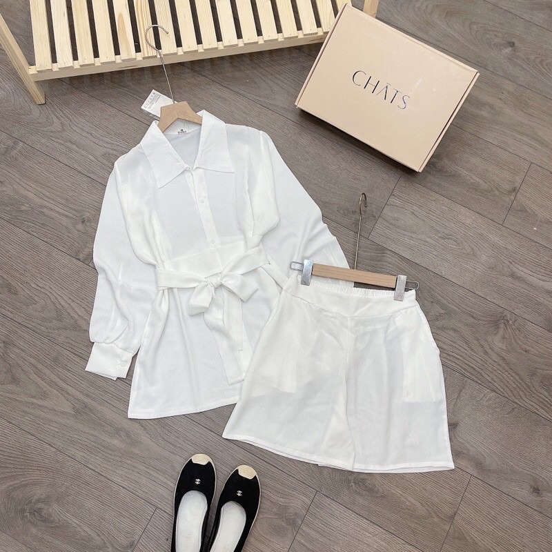 Sét đồ nữ sang chảnh cá tính mix áo sơ mi kèm đai bản to lồng dây và quần đùi