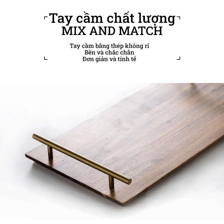 Khay gỗ tràm hình chữ nhật tay cầm kim loại BAMBOOO ECO decor món ăn