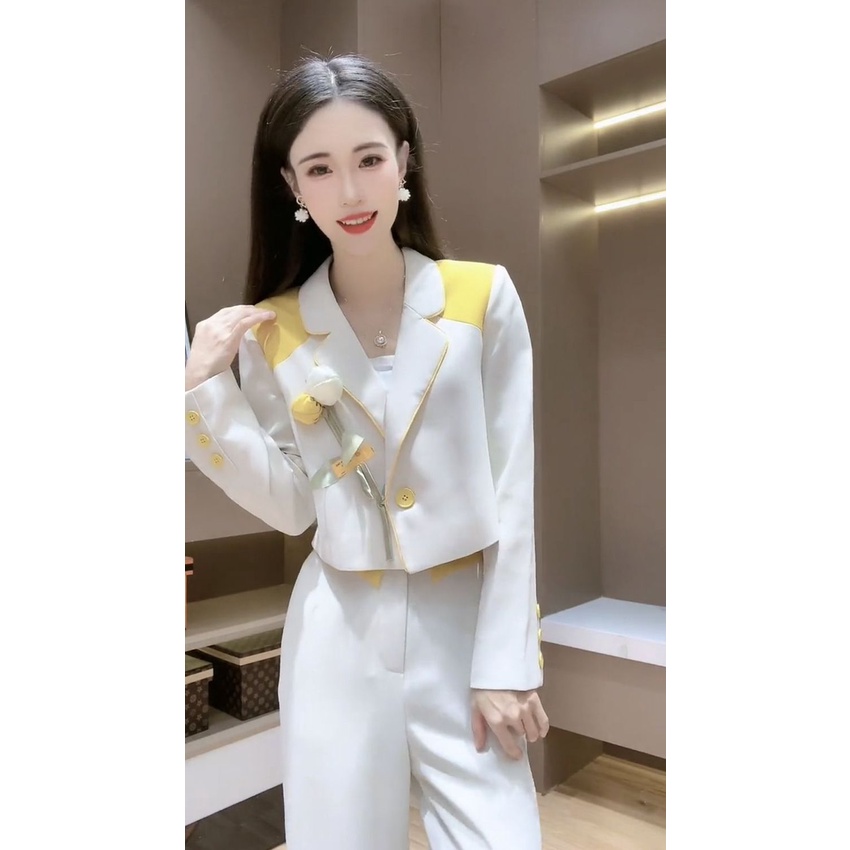 Bộ Áo Khoác + Quần Short Lưng Cao Ống Rộng Màu Sắc Tương Phản Thời Trang Xuân Thu 2022 Cho Nữ