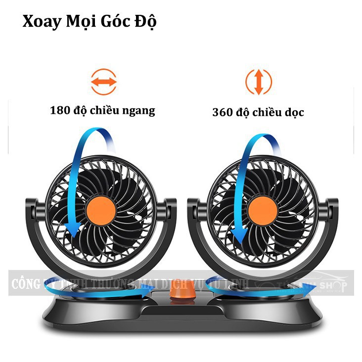 Quạt Đôi 12v Cho Ô Tô Xe Hơi Tiện Dụng Xoay 360 Độ