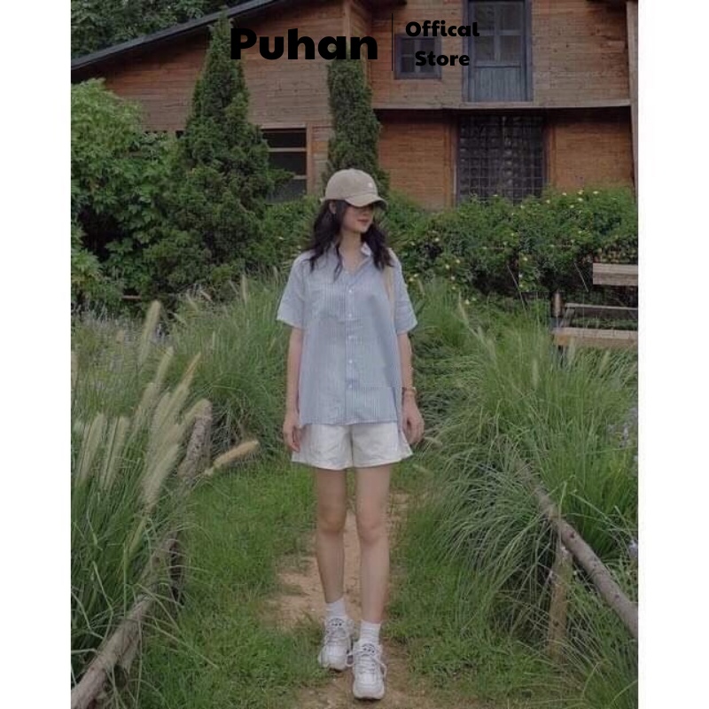Set áo sơ mi nữ kẻ xanh và quần short trắng - áo sơmi nữ kẻ xanh form rộng tay lỡ và quần short trắng SIÊU HOT