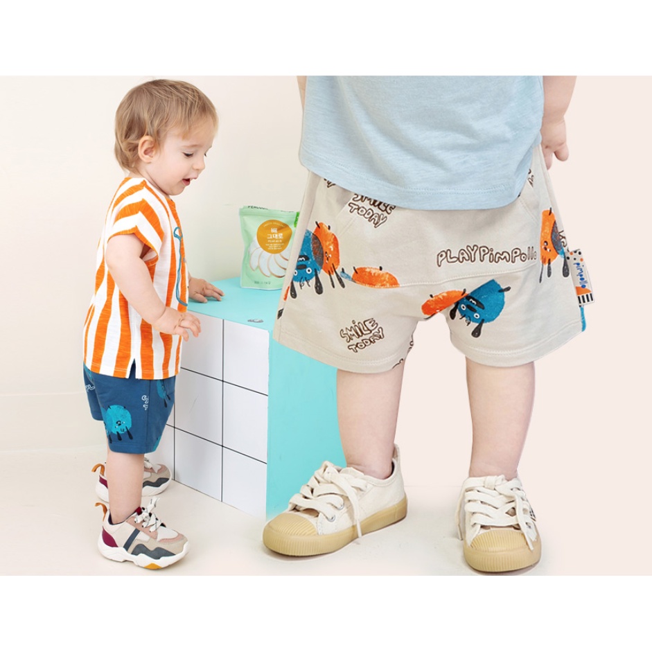 Quần short thun bé trai Pimpollo thương hiệu Hàn Quốc có túi họa tiết đáng yêu màu xanh be MOM & BABY JLECB04