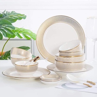 Bộ bát và đĩa phong cách Bắc Âu sang trọng, viền vàng, ăn tiệc cao cấp,để salad, ăn chính, bát soup