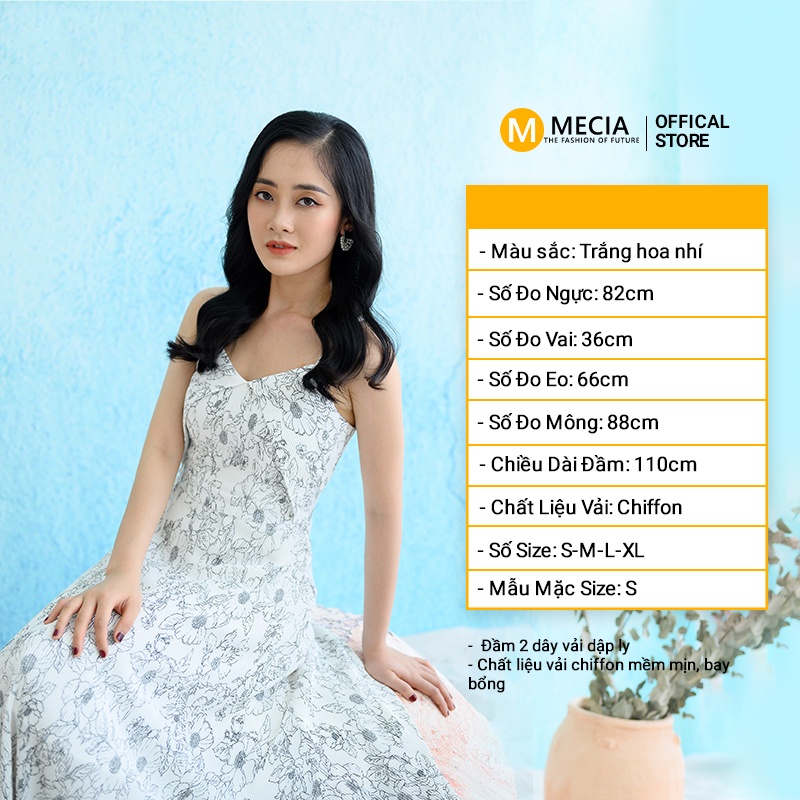 Váy hai dây Maxi hoa nhí - đầm trắng hoa hai dây DK939 Mecia chất liệu Chiffon thoáng mát, mềm mại phù hợp đi biển