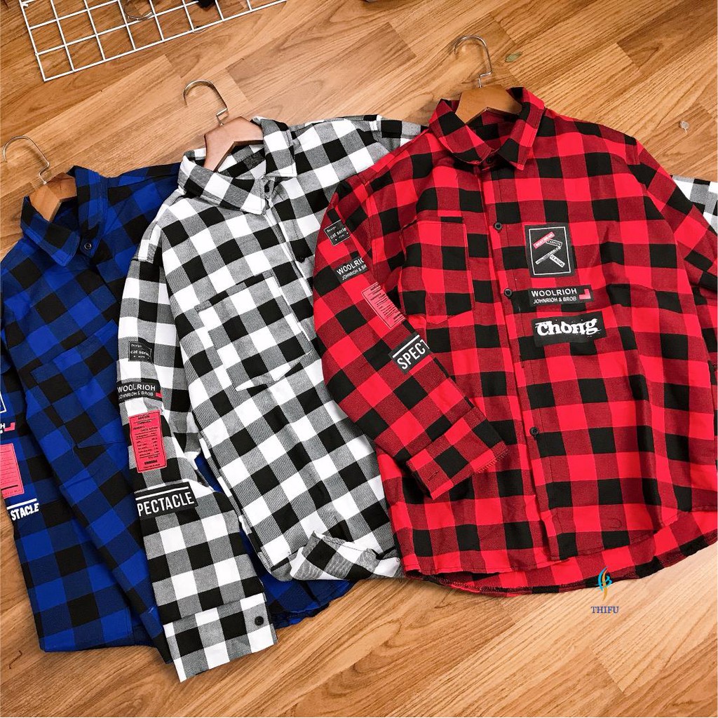 Áo Khoác Sơ Mi Caro Nam Nữ Trẻ Trung Thêu Hình Cực Xịn Chất Vải Kate Mát, Mềm, Mịn