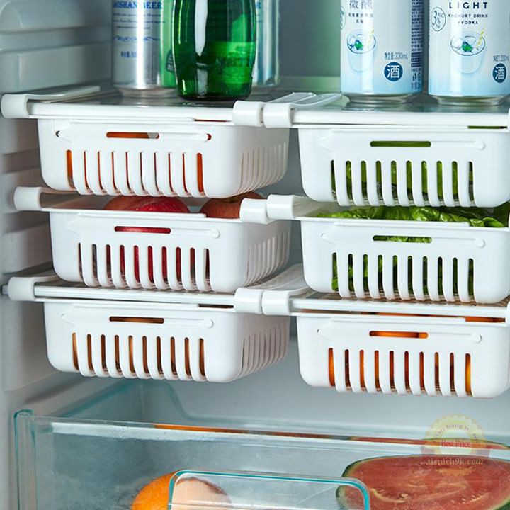 Khay rổ nhựa cài tủ lạnh điều chỉnh độ dài đựng thực phẩm tiết kiệm không gian