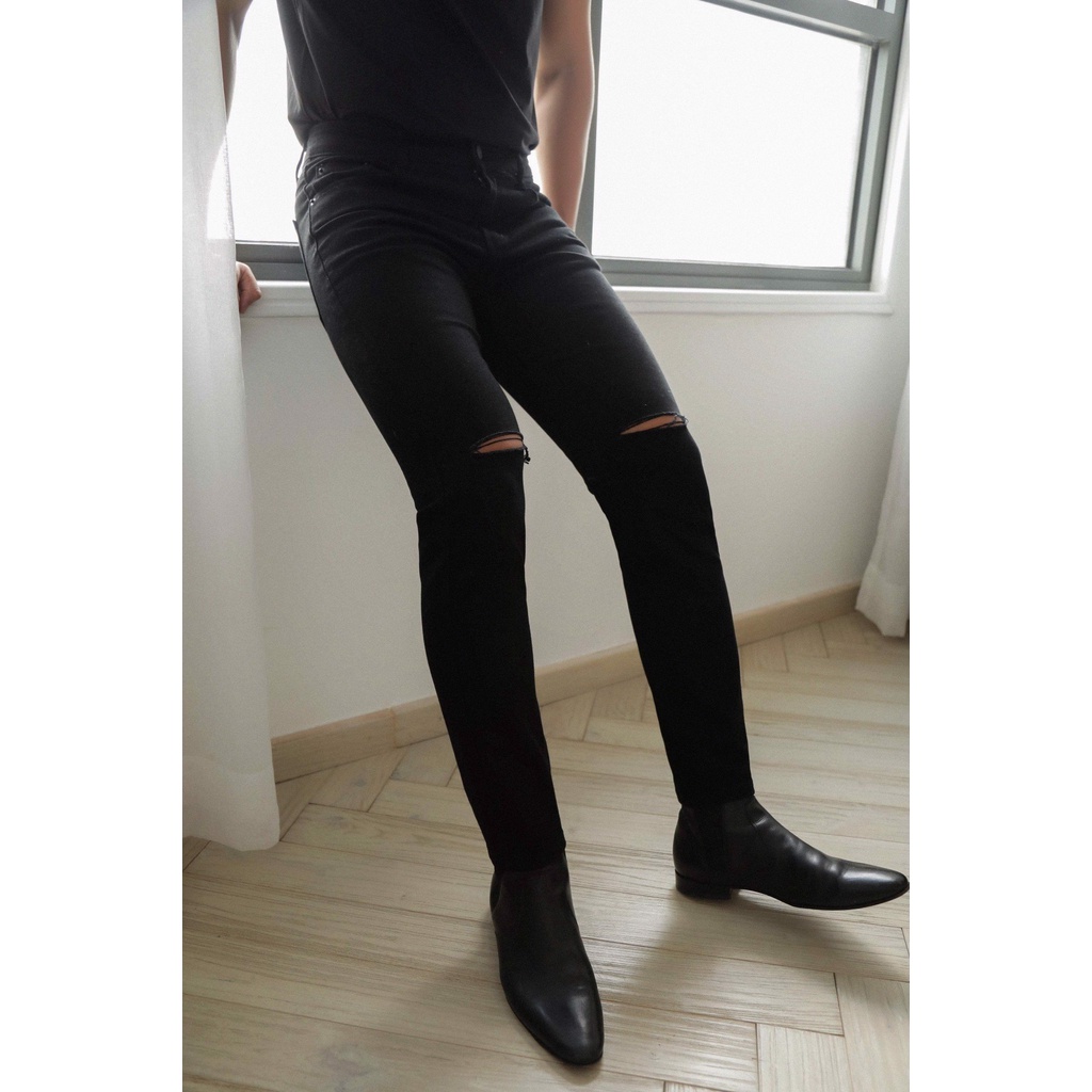 A/G Quần Jean Nam Cao Cấp Đen Rách Gối ZIPPER Phom Skinny Phong Cách Năng Động Trẻ Trung | BigBuy360 - bigbuy360.vn