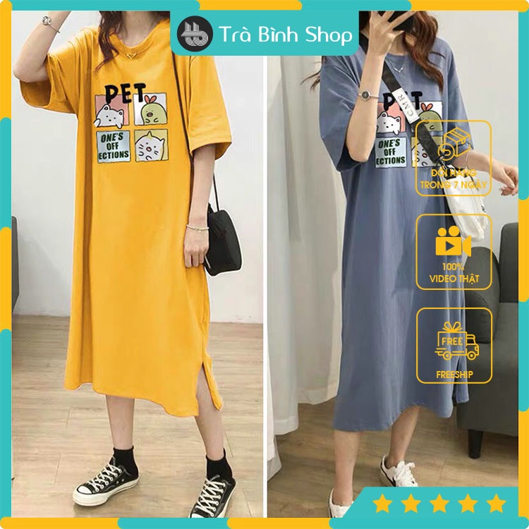 Đầm thun cotton họa tiết pet ô vuông mèo hoạt hình xinh xắn Váy cổ tròn ngắn tay thoáng mát