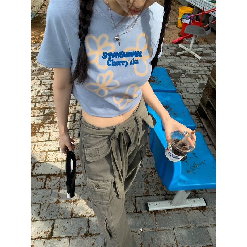 QKOOLE  Áo crop top Nữ Tay Ngắn In Hình Thời Trang Hàn Quốc