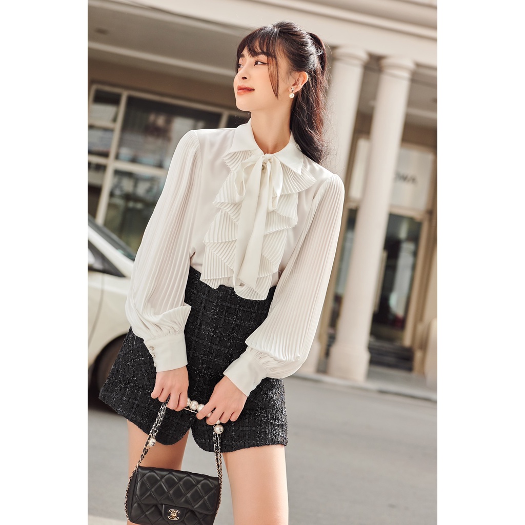 Áo sơ mi lụa tơ tằm nữ HUONG BOUTIQUE HBSM857 cổ nơ, dập li ngực