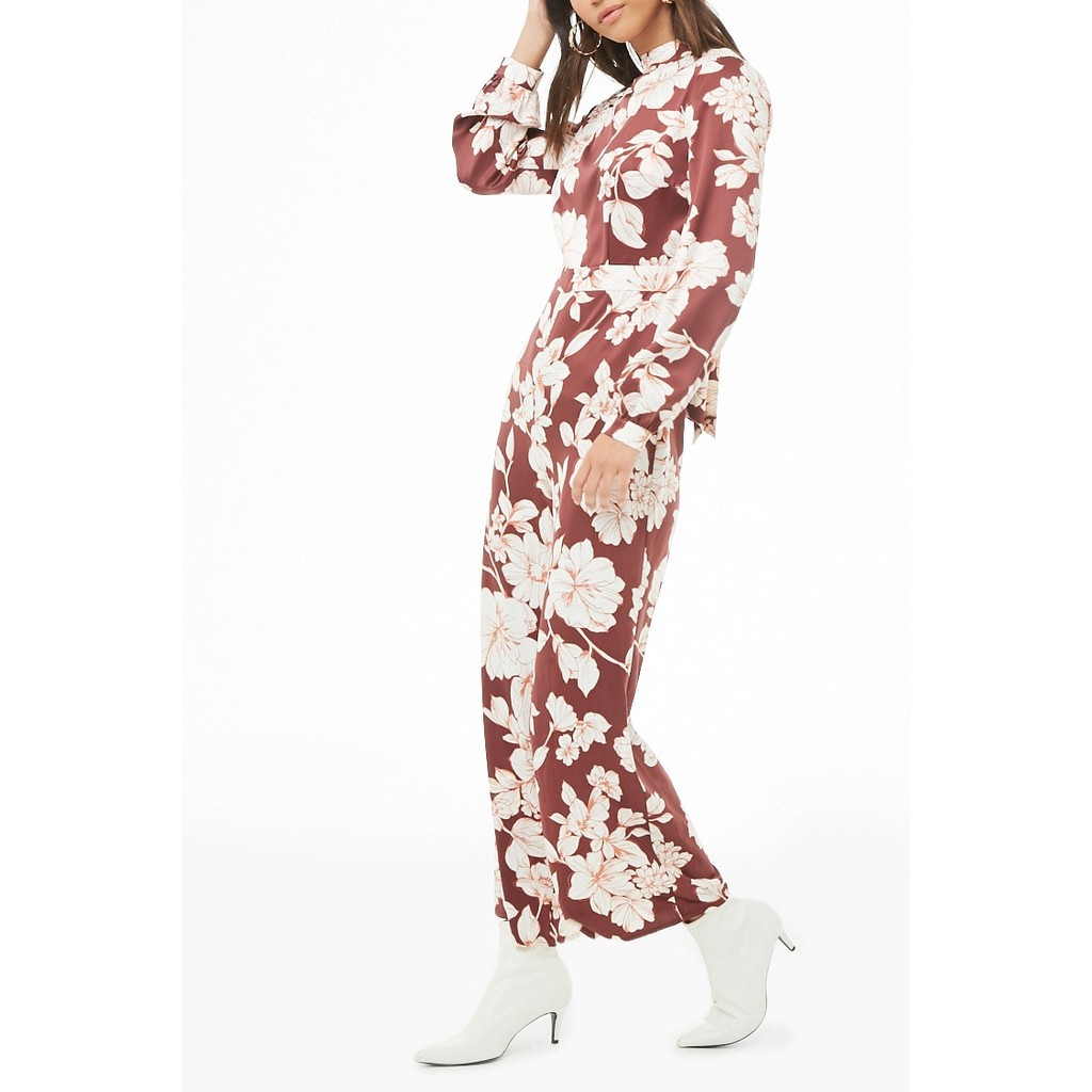 F21 auth Bộ jumpsuit họa tiết hoa, ống rộng Satin Floral Print Wide-Leg Jumpsuit