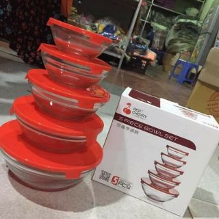 Bộ 5 bát thủy tinh có nắp đựng thức ăn