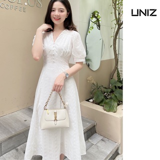 { ảnh thật ] Váy ren trắng cổ v cúc ngọc UNIZ  đủ size S.M.L vải mềm đẹp. 2 lớp . dáng dài thanh lịch hot 2022