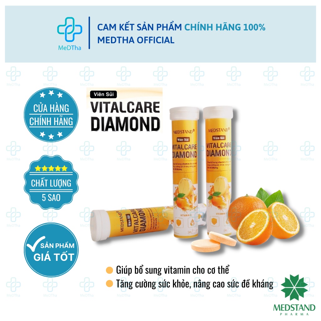 Viên Sủi Vitalcare Diamond - Vitamin Tổng Hợp, Vitamin C, Giải Nhiệt, Tăng Sức Đề Kháng (Tuýp 20 Viên) [Chính Hãng]