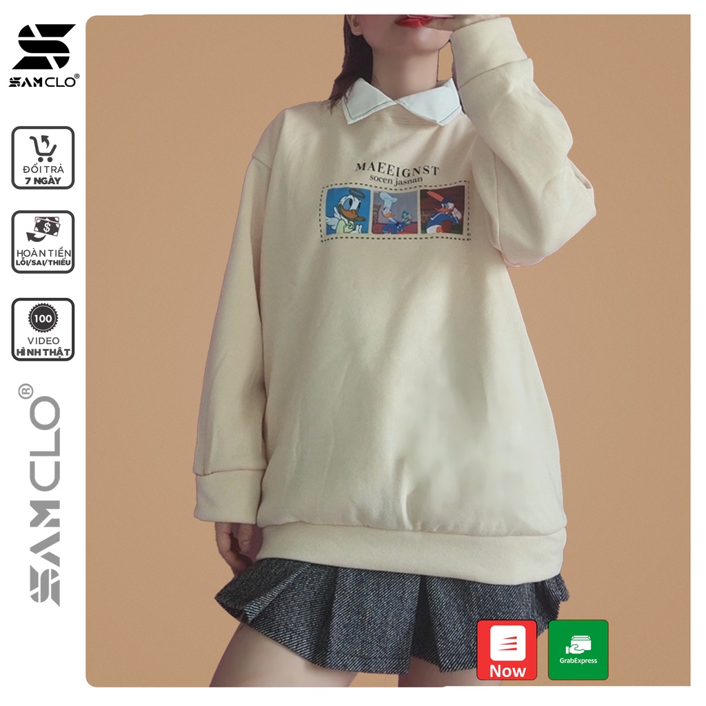 Áo SWEATER nữ SAM CLO hoodie không mũ NỈ 1 LỚP tay dài thu đông freesize dáng unisex in hình vịt donal chữ MAEEIGNST
