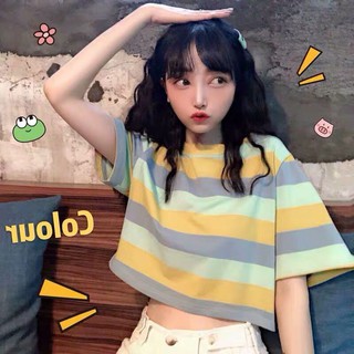 [Hàng Quảng Châu] Áo Croptop ngắn tay kẻ trẻ trung