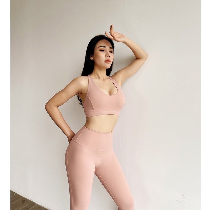 Set đồ tập yoga, đồ tập gym cho nữ quần lưng cao, kèm mút nâng ngực màu hồng phớt EQL APPAREL (Lively)