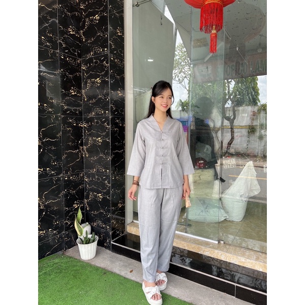 set đồ bộ lam đi chùa cao cấp vải linen không nhăn thấm hút