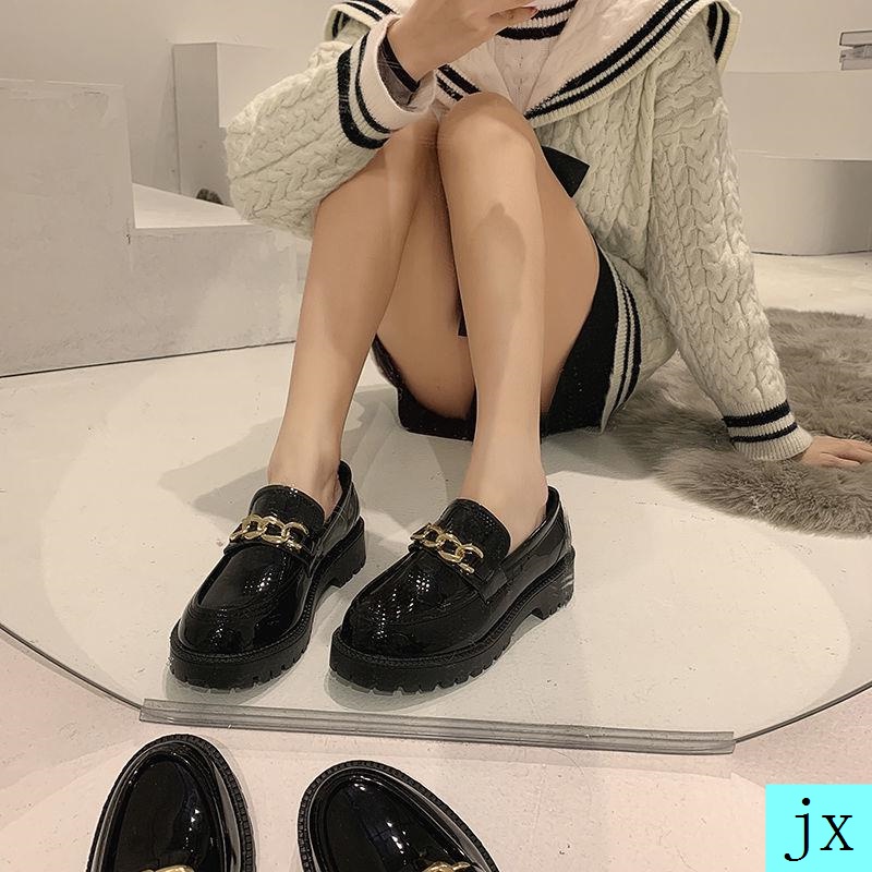 Giày lười bằng da cao gót màu đen thời trang kiểu Anh 2021