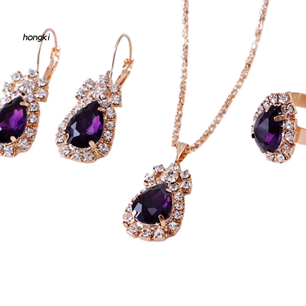 Set 3 Vòng cổ Nhẫn Bông Tai Đính Đá Pha Lê Hình Giọt Nước