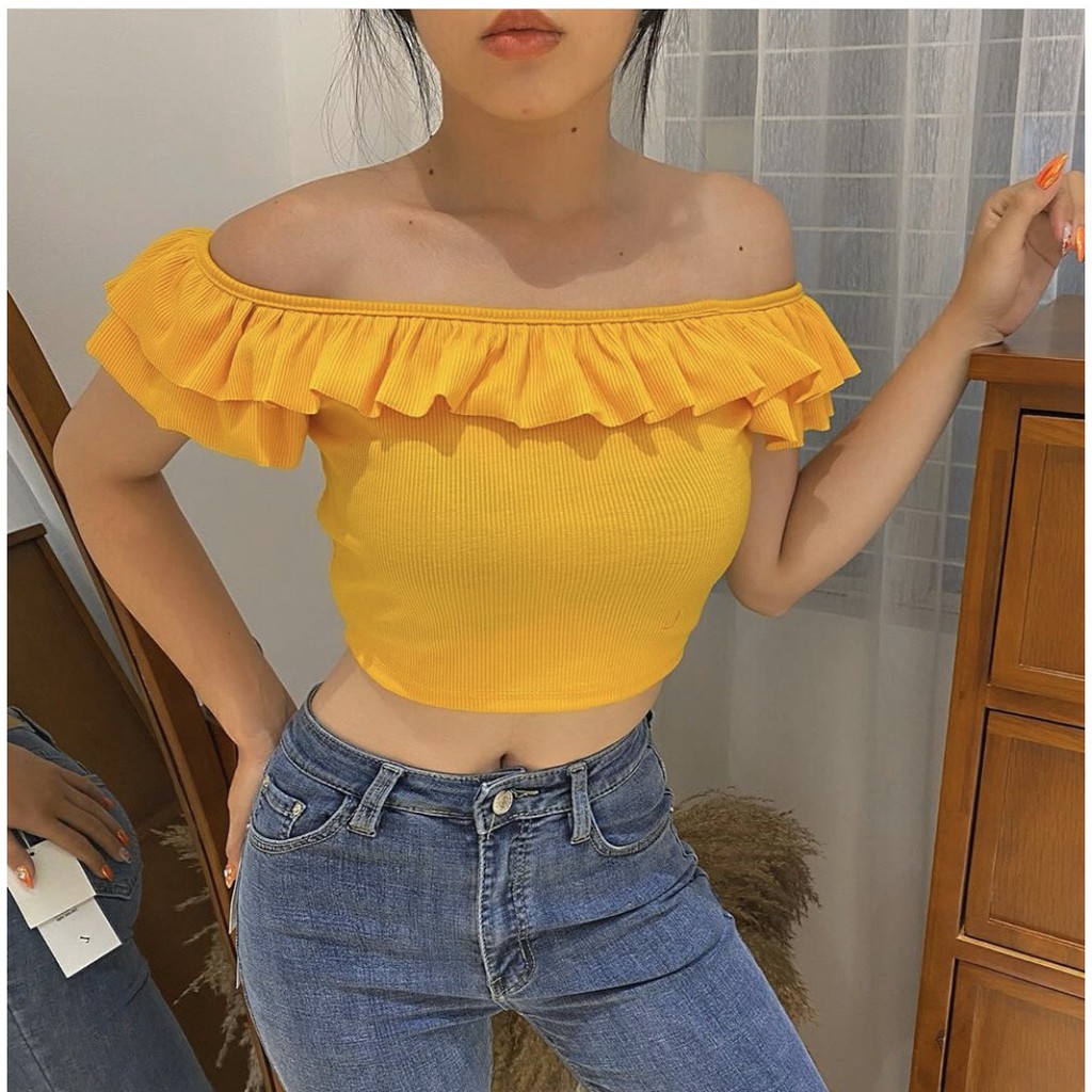 ÁO CROPTOP TRỄ VAI VIỀN BÈO MẶC 2 KIỂU CHẤT LEN TĂM ULZZANG 6 MÀU ĐEN TRẮNG VÀNG HỒNG TÍM XANH