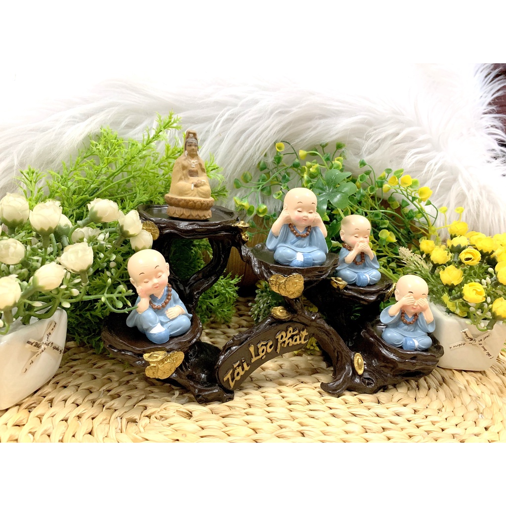 Full Set Quan Âm Bồ Tát và các Chú Tiểu tọa đế Tài Lộc Phát (Hình Thật)