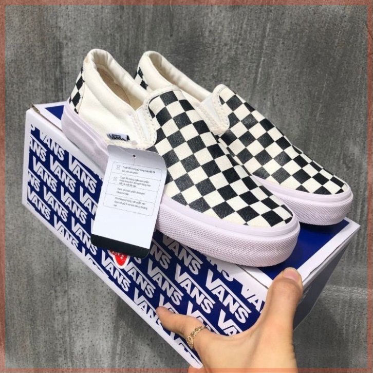 Giày Lười Nam Nữ Loại đẹp Full Box - Giày Thể Thao Slip on Vans Caro Kẻ Sọc đen Trắng Cá Tính đế êm Lót Da Ulzzang D9