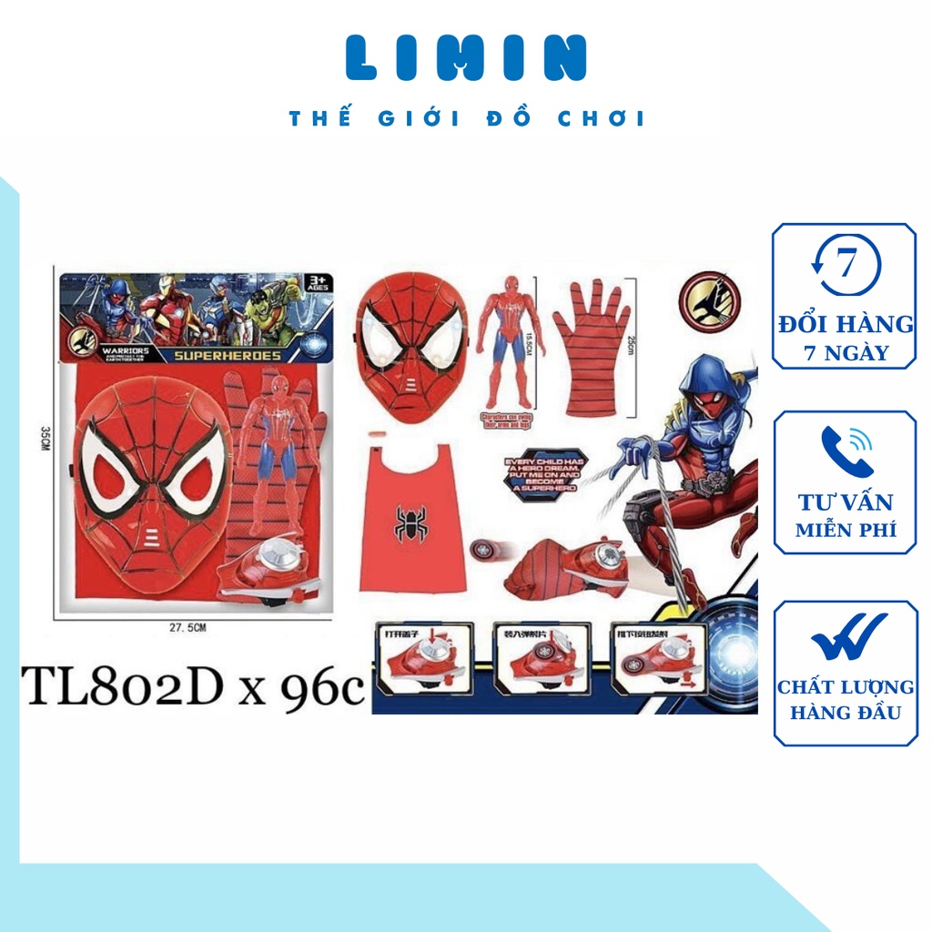 Combo 3 món đồ chơi người nhện, mặt nạ, áo choàng, găng tay bắn đĩa, hình nhện cho bé