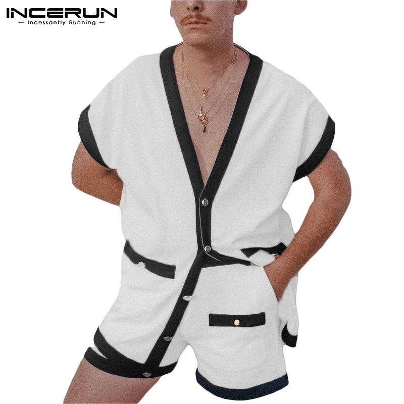 Set đồ 2 món INCERUN gồm áo kiểu ngắn tay cổ chữ V và quần short thời trang cá tính cho nam