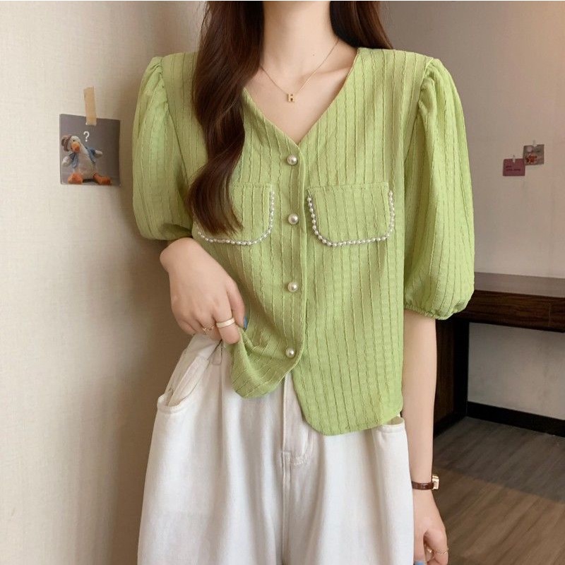 Áo Sơ Mi Ngắn Tay Cổ Chữ V Đính Ngọc Trai Thời Trang Mùa Hè Mới