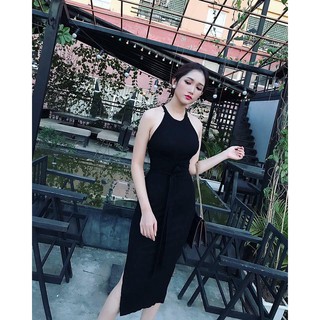 Đầm body cổ yếm đan dây eo