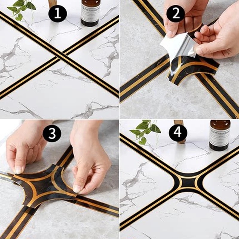 Cuộn Băng Keo Dán Viền Gạch Men / Gốm Họa Tiết Đá Cẩm Thạch Màu Đen Vàng Dài 5m Chống Ẩm Trang Trí Nhà Cửa