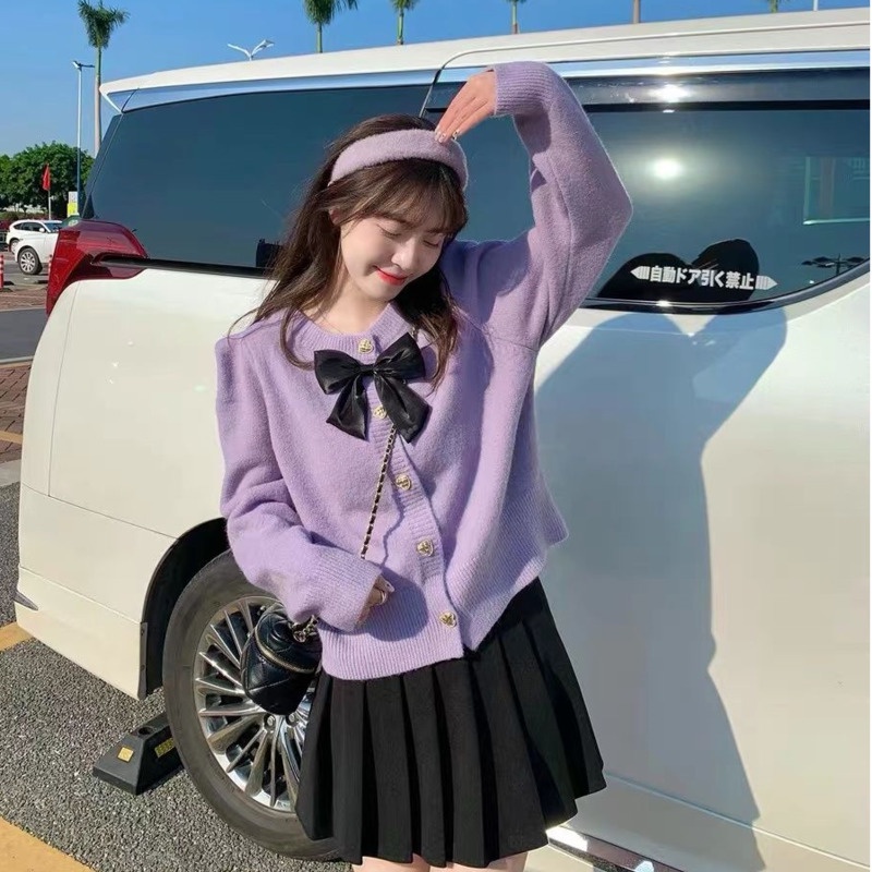 Áo Dệt Kim Thắt Nơ Màu Xanh Dương Tinh Tế Phong Cách Retro Nhẹ Nhàng Mới