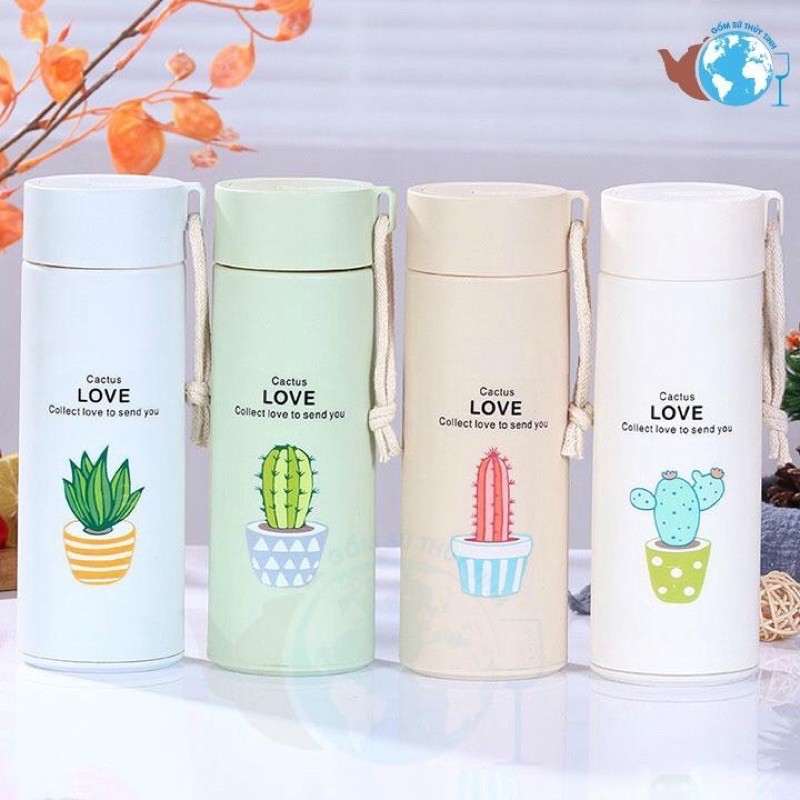 Bình Giữ Nhiệt Thủy Tinh Vỏ Nhựa Lúa Mạch 450ml Họa Tiết Đáng Yêu, Có Dây Xách Tiện Dụng