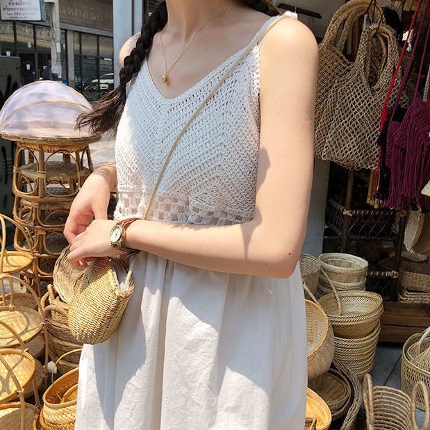 Đầm hai dây MURIOKI cổ chữ V màu trắng phong cách Pháp thời trang đi biển xinh xắn đáng yêu cho nữ