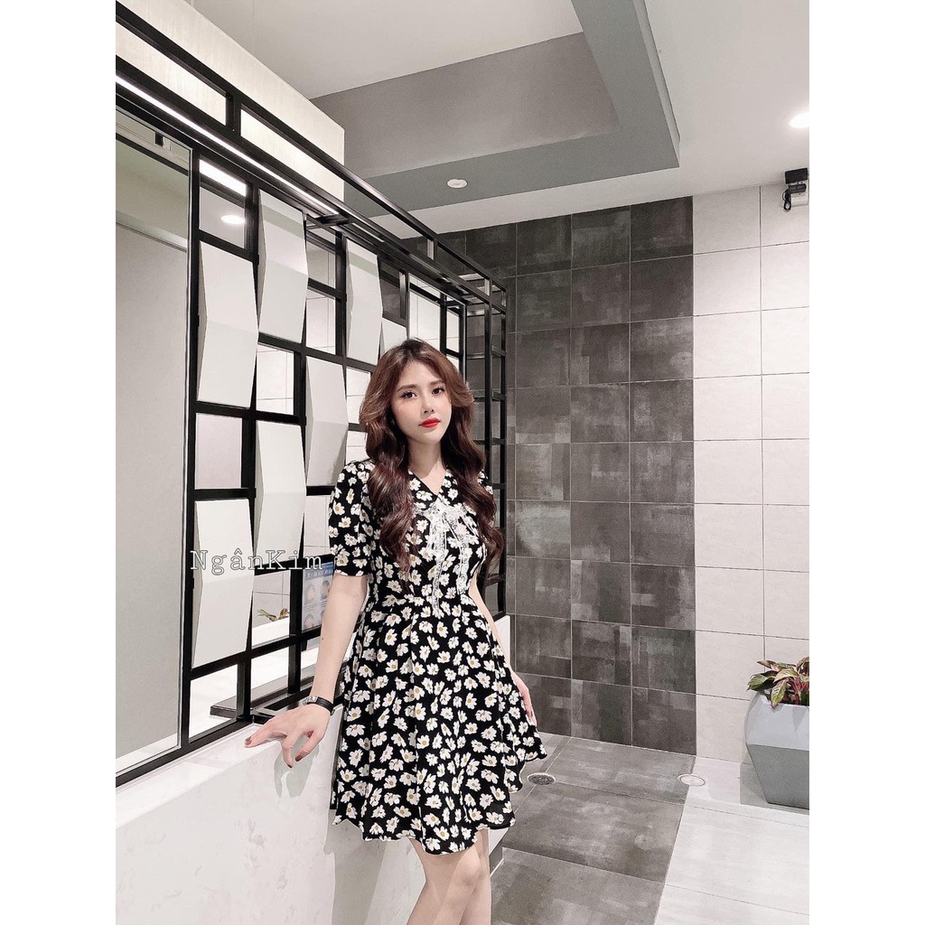 ĐẦM HOA CÚC 3 MÀU PHỐI REN CỔ