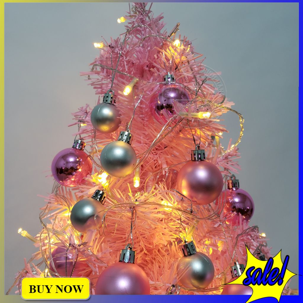 Cây thông noel màu hồng 60cm mini để bàn kèm phụ kiện quả châu và dây đèn led trang trí cây thông giáng sinh