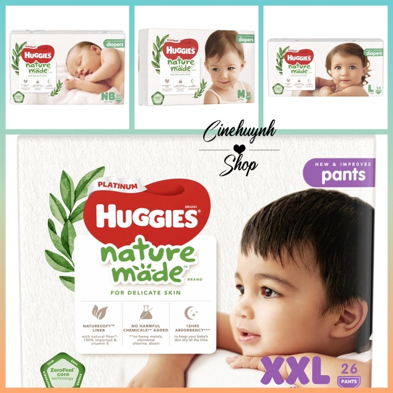 TẢ/BỈM DÁN/QUẦN HUGGIES PLATINUM NATURE MADE NB60 /S82/M58/L44/XL38/XXL26