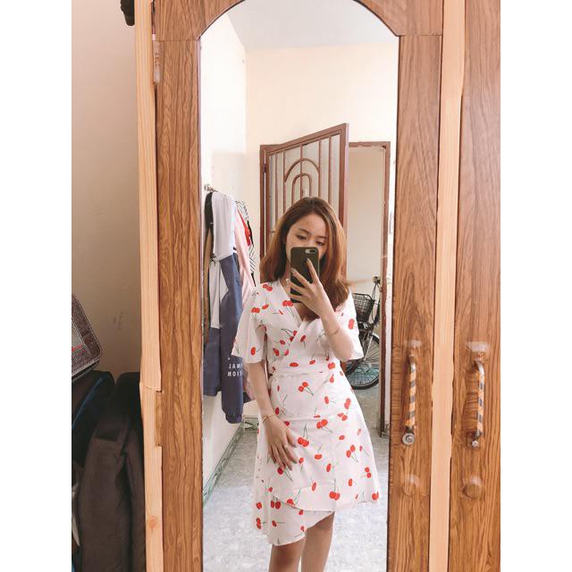 Đầm Nữ Bèo Trắng Họa Tiết Cherry