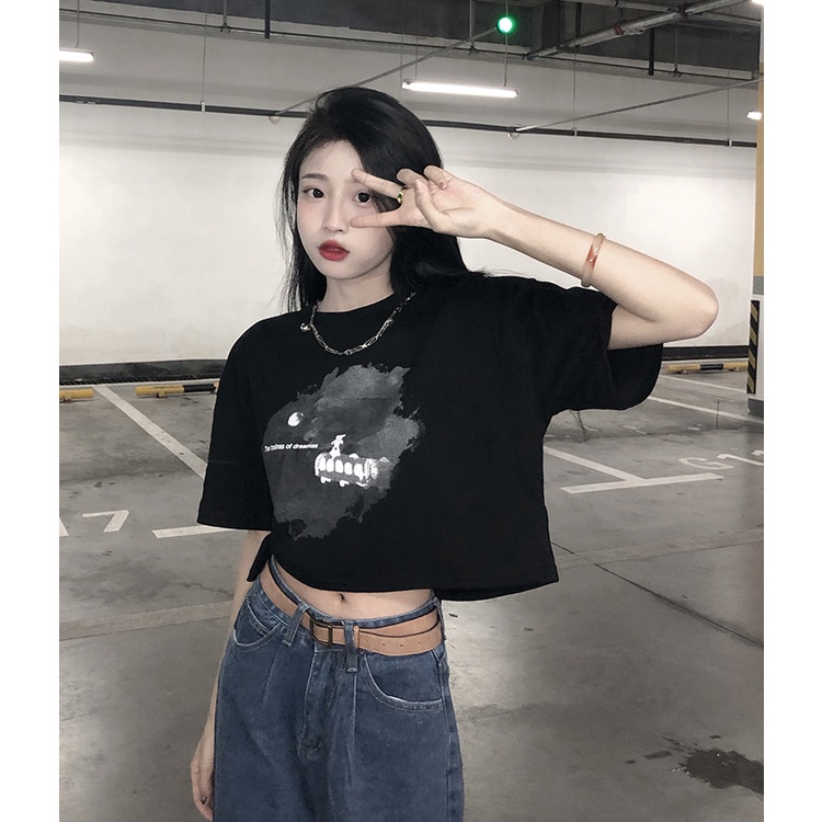 Áo Crop Top Tay Ngắn Dáng Rộng In Họa Tiết Phong Cách Retro Thời Trang Cho Nữ