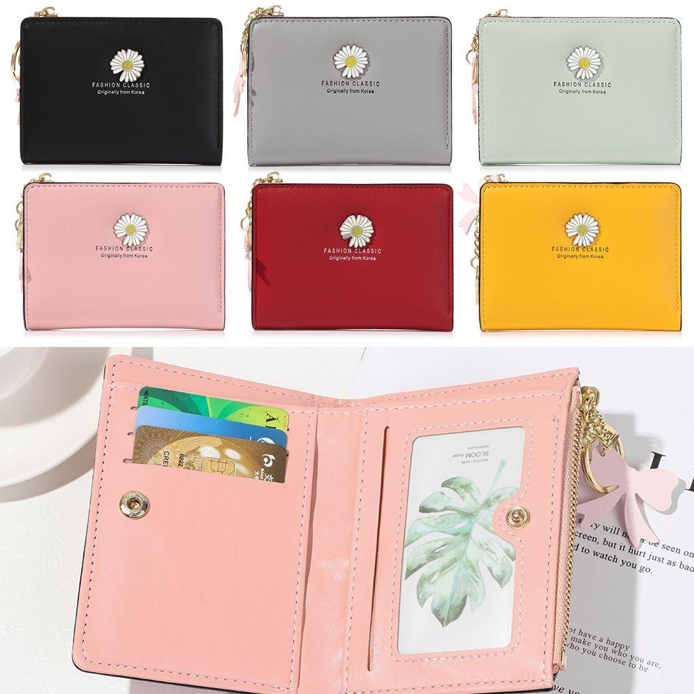 Ví Da PU Cao Cấp Dáng Ngắn Có Khóa Kéo Đính Nơ Phối Họa Tiết Hoa Cúc Nhỏ Dễ Thương Cho Bạn Gái